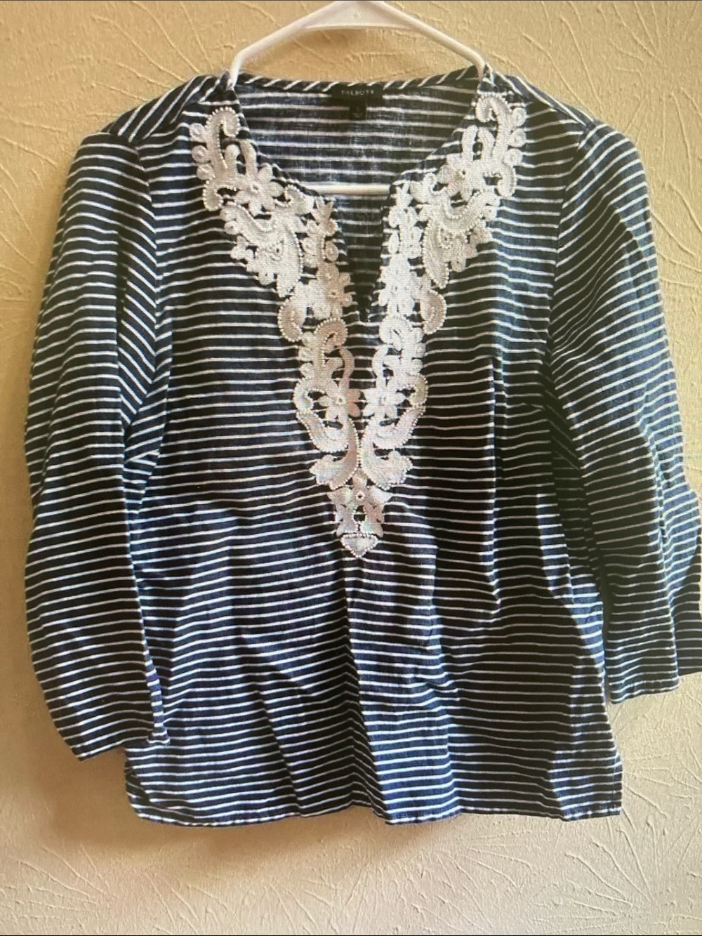 Talbots Navy & White Striped V-Neck Tunic with Lace Applique